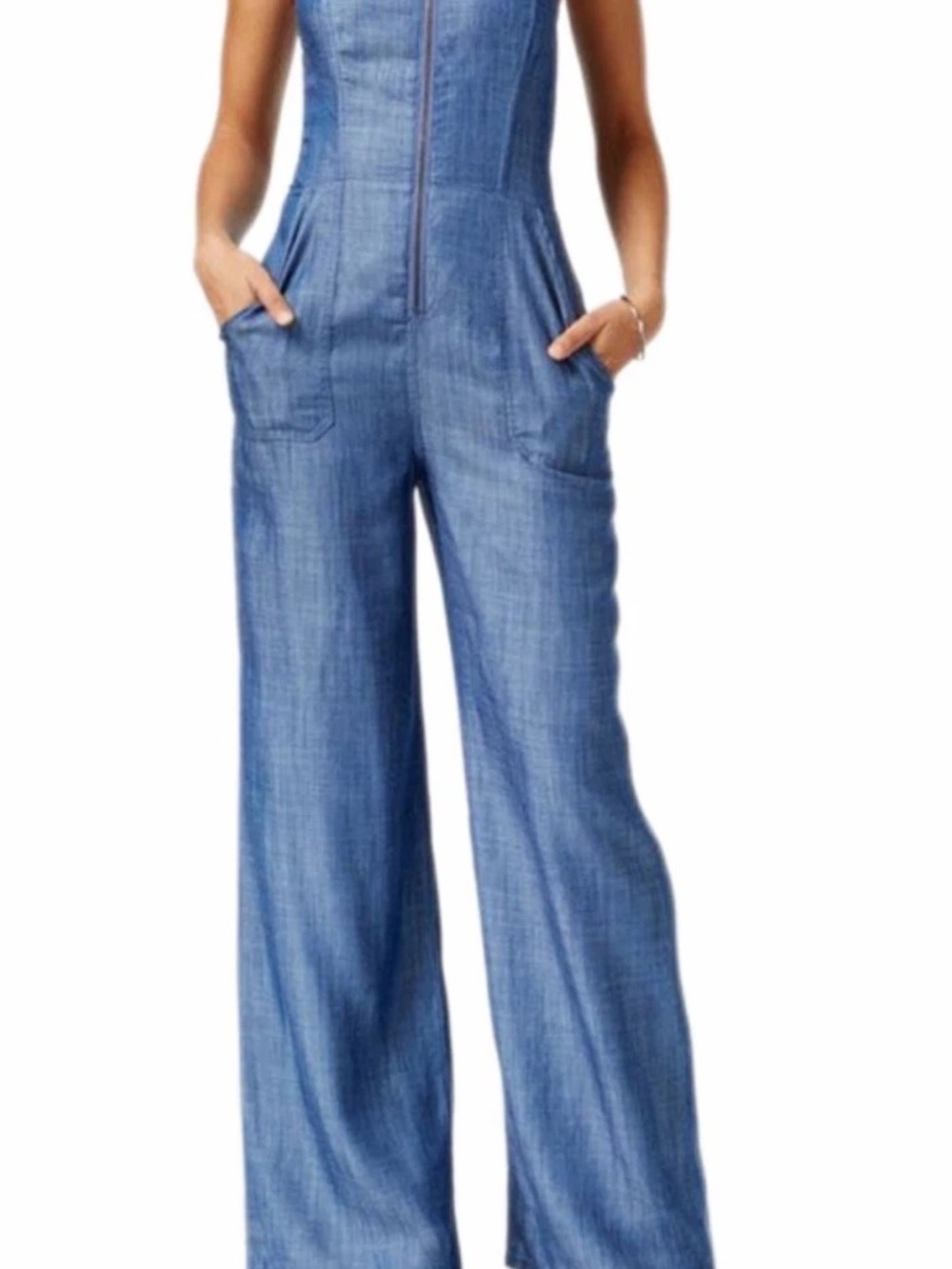 RACHEL Rachel Roy Light Blue Denim Wide-Leg Zip Jumpsuit
